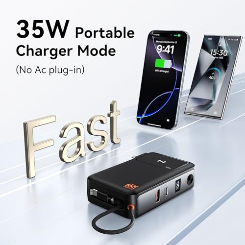 Image of Selore&S-Global 3-in-1 Portable Phone Charger with Wall Plug, 10000mAh USB-C Power Bank with Built in Cable, 35W Portable Battery Pack for iPhone Samsung Android & 65W Wall Charger for Laptop MacBook