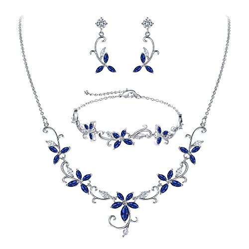 Clearine Parure Bijoux Femme Mariage Zircone Cubique Collier Boucles d'Oreilles et Bracelet 3PCS Ensemble pour Fête Mariée Bleu