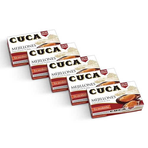 Mejillones Cuca en escabeche 12/16 piezas tamaño mediano, 1 pack de 5 latas de 115gr