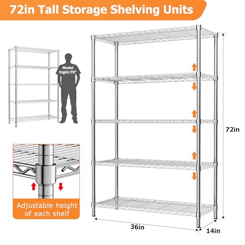 Image of ROOMTEC 5-Tier Wire Shelving Unit,36 inch W*14 inch D*72 inch H, Max Load 1750LBS