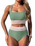 ZAFUL Womens High Waisted Bikini Set High Rise Two Piece Swimsuits Bathing Suits High Waist Tummy Control Ruched Bikini Bottom Army Green S