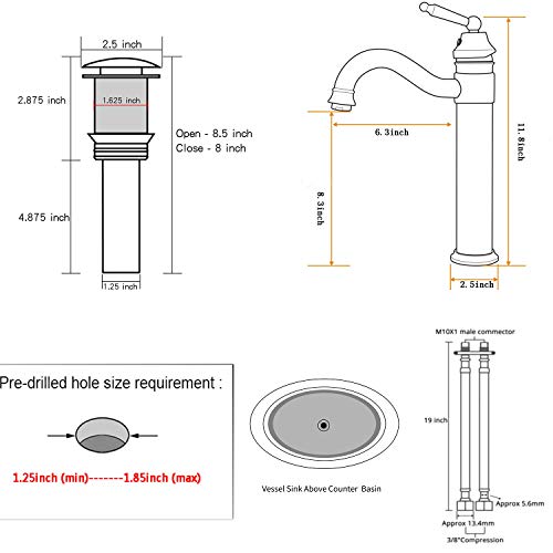 GGStudy Tall Body Single Handle One Hole Bathroom Vessel Sink Faucets Copper Finish with Pop Up Drian Without Overflow