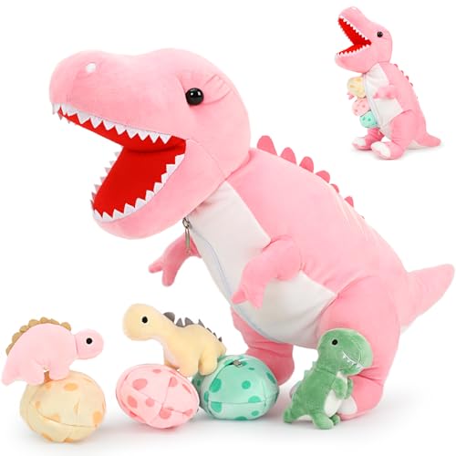 MorisMos 60 cm de alto dinosaurio gigante peluche XXL con 3 bebés en el vientre, rosa y blanco, suave dinosaurio de peluche, regalo de cumpleaños o Navidad