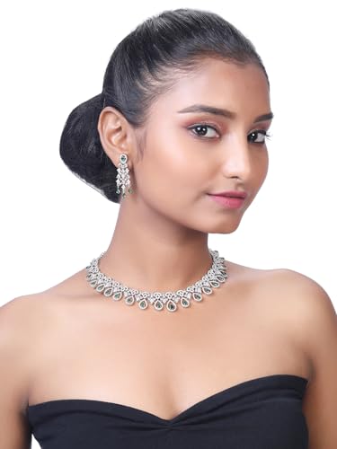 Image of ASMITTA Jewellery Green Stone Jewellery Set for Women American Diamond Necklace Set & Green Earrings for Women Stylish