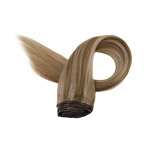 Remy Hair Clip in Straight Hair Extensions Human Hair Gold Brown 10 and Golden Blonde 16 Highlight Natural Clip in Remi Hair Extensions 16inch 3pcs 50g