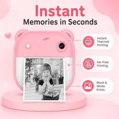 Image of Instant Print Kids Camera with Thermal Paper - HD Digital Camera for Children | Safe, Rechargeable, Selfie & Video | Fun Gift for Boys & Girls (Pink)