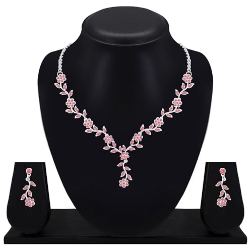 Image of Atasi International American Diamond Style Silver Plated Necklace with Earrings Jewellery Set for Women - Perfect for Party, Wedding, and Engagement