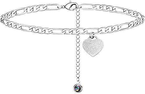Heart Ankle Bracelets for Women Silver/14K Gold Plated Anklets Premium Stainless Steel Foot Adjustable Figaro Chain-Silver