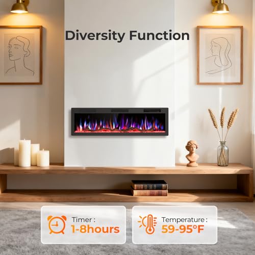 Image of R.W.FLAME 60 inch Recessed and Wall Mounted Smart Electric Fireplace, Alexa /WiFi Enabled, APP Control with Multiple Sound Modes, Remote Control with Timer, Adjustable Flame Colors and Speed
