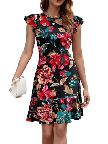 Image of HELYO Women's Summer Elegant Cocktail Club Dress Ruffle Hem Short Flutter Sleeve Flowy Wedding A-Line Casual Dresses 619