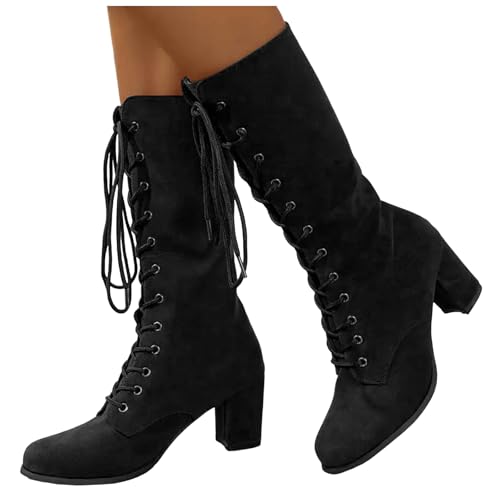Women's Combat Riding Platform Knee High Boots, Lace Up Fall Winter Mid Calf Chunky Heel Gothic Motorcycle Boots2
