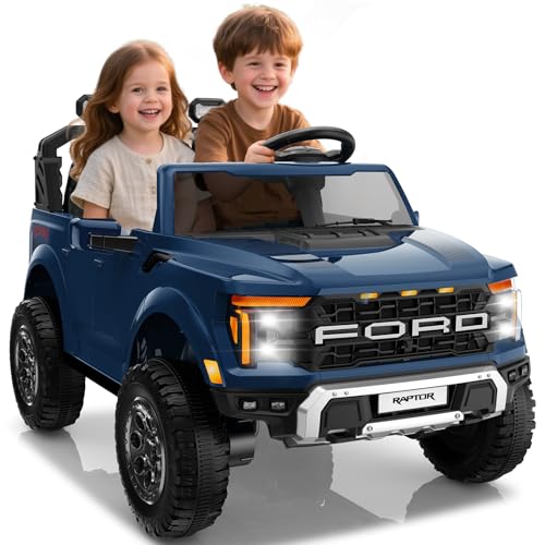 Segmart Licensed Ford F-150 Raptor 2 Seater Electric Car, 24V Kids Ride On Truck w/Remote Control, Toddler Ride on Car Toys w/LED Lights, Bluetooth, Music, Truck Bed Storage, Soft Start (24V, Blue)
