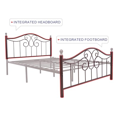 TUSEER Metal Bed Frame Queen Size with Vintage Headboard and Footboard Platform Base Wrought Iron Bed Frame (Queen,Antique Brown)