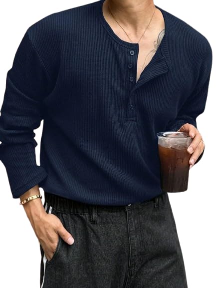 Image of Trillion Men's Textured Fabric Solid Color Basic Half-Open Collar T-Shirt, Fall Long Sleeve Men Shirt | Tshirt for Men