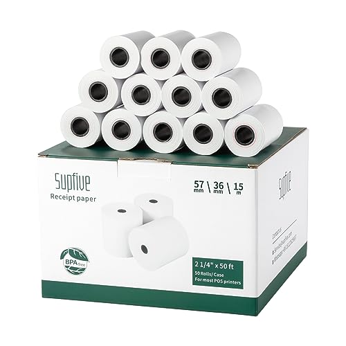 Supfive Tpe-rol, 57 x 36 mm, 19,5 m, terminalrollen voor kassa, spoel thermisch papier, BPA-vrij (50 spoelen)