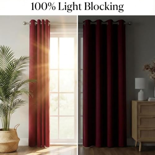 Image of 100% Blackout Window Curtains, 7 Feet, Solid Design, Faux Silk, Thermal Insulated, Noise Reducing Eyelet Door Curtain with Tie Back for Living Room & Bedroom, 115x210cm, Pack of 2 - Maroon