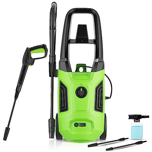 COOCHEER Lavadora de Alta presión 2200W 170 Bar 450 l/h, 5m de tubería de Agua de Alta presión + 5m de Cable de alimentación，Pistola de Alta presión para Coches/Vallas/jardín/Patios（Verde）