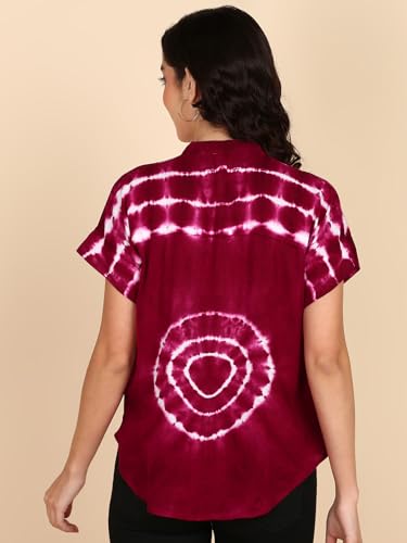 Image of Maaesa Women Handmade Regular Fit Tie-Dye Rayon Top | Casual Wear & Office Wear | Short Sleeve | Mandarin Neck | Lightweight & Breathable Fabric