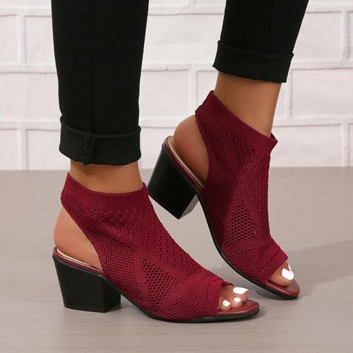 Image of Peep Toe Booties for Women Open Toe Heeled Sandals Knit Cutout Chunky Block Heel Breathable Fashion Shoes US5-11