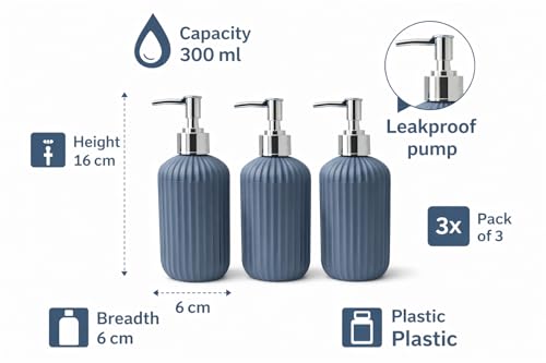 Image of LAGET 300ml Soap Dispenser for Wash Basin - Plane Ribbed Design | Kitchen and Bathroom Accessories Items | Refillable Handwash Dispenser Bottle- Set of 3 (Metallic Blue)