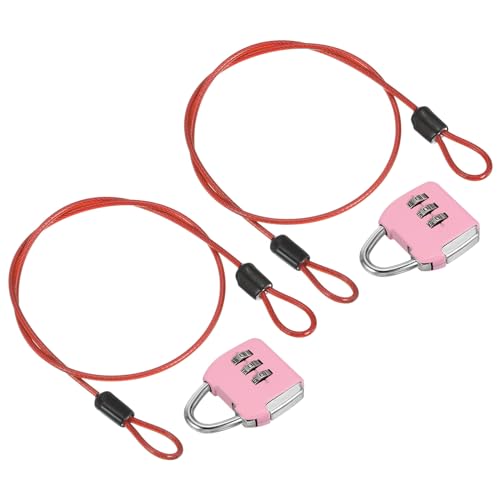 Image of PATIKIL Security Steel Cable with 3 Digit Combination Lock, 2 Set Travel Padlock 1.6Ft Coated Safety Wire Rope Double Loop for Luggage Suitcase, Pink