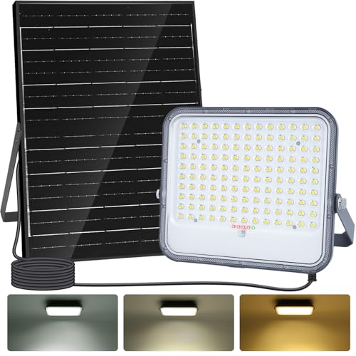 Aigostar - Foco proyector LED solar con mando a distancia,16000mAH,gran panel solar y batería de gran capacidad,regulable 3000/4000/6500K,IP66,Luz solar para exterior y jardín,patios,cable 2m