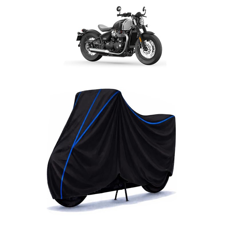 Image of Triumph Bonneville Bobber Bike Cover Water Resistant Universal Motorcycle Rain | Heavy Duty UV Protection, Dust, Scratch Indoor Outdoor All Weather with Black Blue Piping Elastic