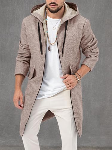 Image of ZIWOCH Mens Trench Coat Wool Blend Hoodie Long Jacket Full Zip Winter Classic Business Overcoat