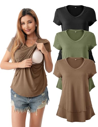 Image of SUNNYBUY 3 Pack Hidden Nursing Tops for Breastfeeding Women Double Layer V Neck Maternity Shirts Postpartum Tee