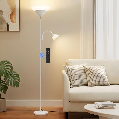 Image of SIBRILLE 2-in-1 Torchiere Floor Lamp, 34W Super Bright LED Standing Lamp with Remote & Touch Control, 72 inch Dimmable Adjustable Corner Reading Lamp for Living Room, Bedroom, Office, White