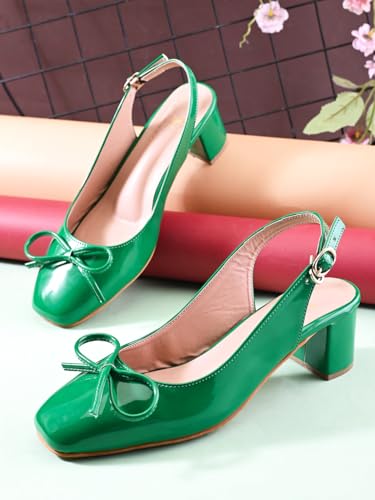 Image of XE Looks Women's Glossy Slingback Heels | Elegant Bow Design | Comfortable Square Toe Sandals for Girls & Women