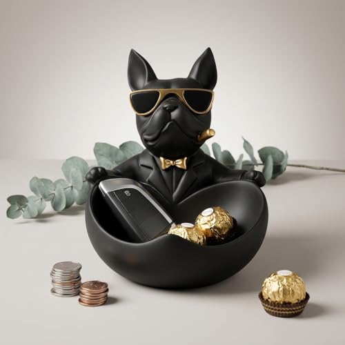 Image of Xtore Striking Bulldog Storage Organizer Figurine for Home & Office Decor | Modern Matte Black Dog Showpiece with Utility Bowl for Keys, Coins & Accessories (Black, 19.5 cm)