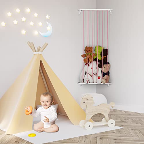 Telihel Stuffed Animal Storage Wood Soft Toy Shelf With Adjustable Length Large Corner Plush Toys Holder For Nursery Play Room Bedroom Kid Room (White) #TOP6