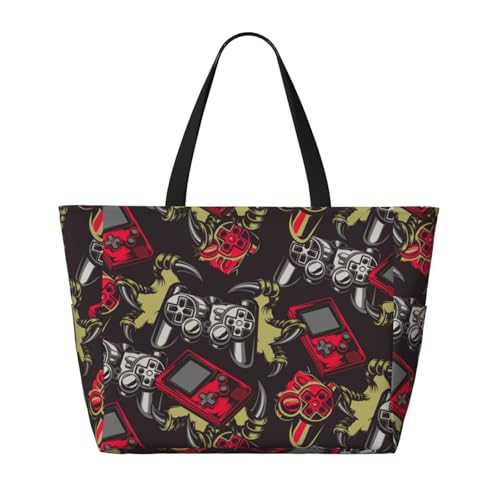 Vintage Gaming Print Large Beach Tote Bag for Women Extra Large Capacity Sandproof Waterproof Pool Bag Suitable for Swimming Pool Gym Groceries Travel2