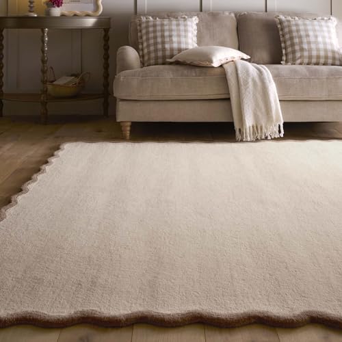Image of Lord of Rugs Border Scallop Wool Rug for Living Room Bedroom Dining Room Scandi Carpet Hand Tufted Quality Soft Plain with Curved Edges Rug Natural Brown, Medium size 120 x 170 cm (4'x5'6")