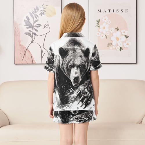 ALAZA Bear Black White Satin Pajamas Set Short Sleeve Button Down Sleepwear Summer Pjs 2 Piece4