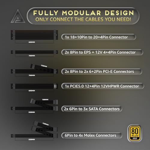 Image of Apevia ATX-GX1200W Galaxy 1200W Fully Modular 80+ Gold Certified, ATX 3.0 & PCIE 5.0 Ready Active PFC ATX Gaming Power Supply, Includes Gen 5 12VHPWR Connector