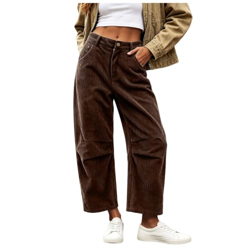 Corduroy Barrel Pants Women High Rise Baggy Wide Leg Trousers Brown - image 1