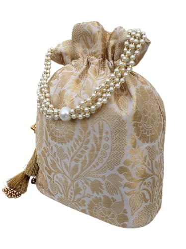 Image of MILAN'S CREATION Banarasi Silk Brocade Potli Bag Purse With Base Drawstring Women's handbag with Pearl Handle & Tassel Weddings