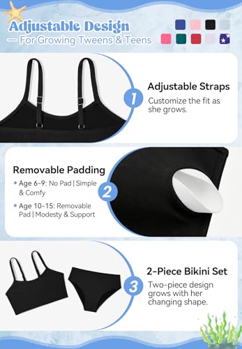 Image of Zando 2 Piece Ribbed Swimsuits for Teen Girls Kids Size 6-15 Years High Waisted Solid Cute Bikini for Summer Beach Wear