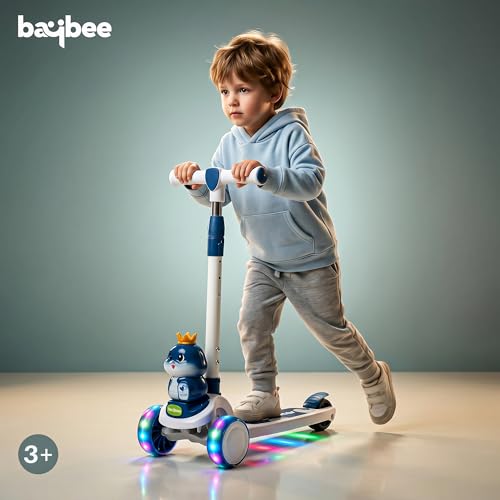 Image of Baybee Dino Crown Kick Scooter for Kids | 3 Wheel Kick Scooter with RGB LED Wheels & Music | 3 Height Adjustable Handle & Rear Brake | Foldable Scooter for Kids 3 to 8 Years Boys & Girls (Lite Blue)