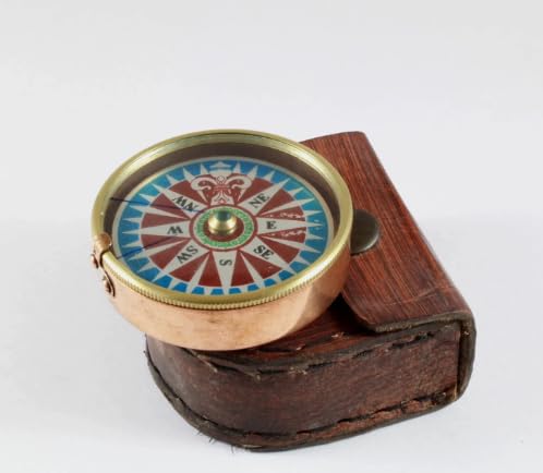 Brújula náutica de latón pulido artesanal con estuche de cuero miniatura 2