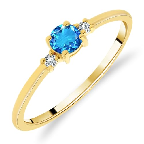 Planetys - Bague Solitaire pour Femme en Or Jaune 375/1000 sertie Topaze bleue suisse naturelle taille Ronde et Diamants