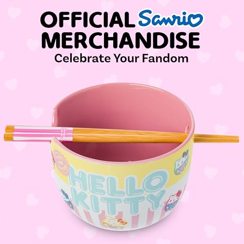 Image of Silver Buffalo Sanrio Hello Kitty Pastel Colored Ceramic Ramen Noodle Rice Bowl with Chopsticks, Microwave Safe, 20 Ounces