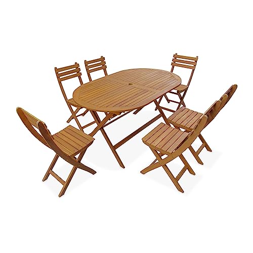 Alice's Garden - Table de Jardin Pliante Bois d'acacia + 6 assises 150cm en Bois d'acacia déjà huilé. Forme Ovale avec 6 chaises Pliables