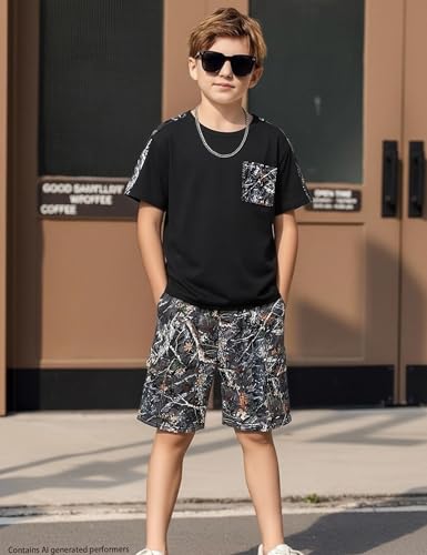 Image of mksodopy Boys Summer Outfit Set 2 Piece T Shirt and Camo Shorts Casual Clothes for Little Big Boys