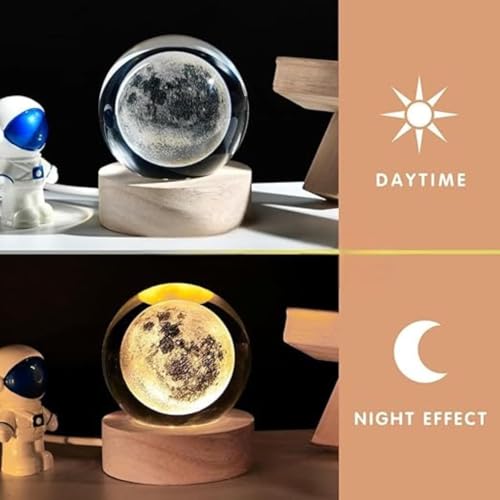 Image of One94Store 3D Crystal Moon Lamp - Engraved Crystal Ball LED Night Light with Wooden Base, USB Powered, Ideal for Home & Office Decor, Birthday Gift for Adults (Pack of 2, Warm White)