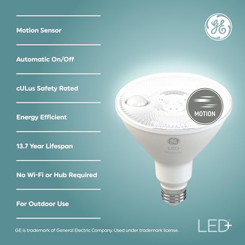 Image of GE LED+ PAR38 Motion Sensor Outdoor Flood Light Bulbs 14W, 2 Pack | Screw-in motion activated floodlight, warm white, driveway & security lighting, weatherproof, 2 pack value