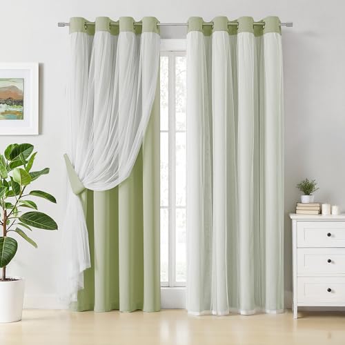 Image of Bujasso Sage Green Blackout Curtains with Sheer Overlay Mix and Match Double Layer Thermal Insulated Window Panels 84 inch for Living Room Bedroom Green Drapes with Tiebacks Grommet Top 54 inch Wx84 Lx2