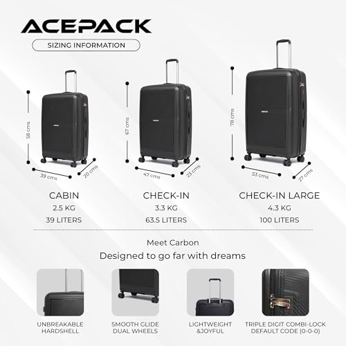 Image of ACEPACK Carbon 58 cm Small Cabin Size Hard-Sided Luggage Trolley Bag - Lightweight & Durable Polypropylene Suitcase with Anti-Theft Zipper & Number Lock for Travel (20, Black)